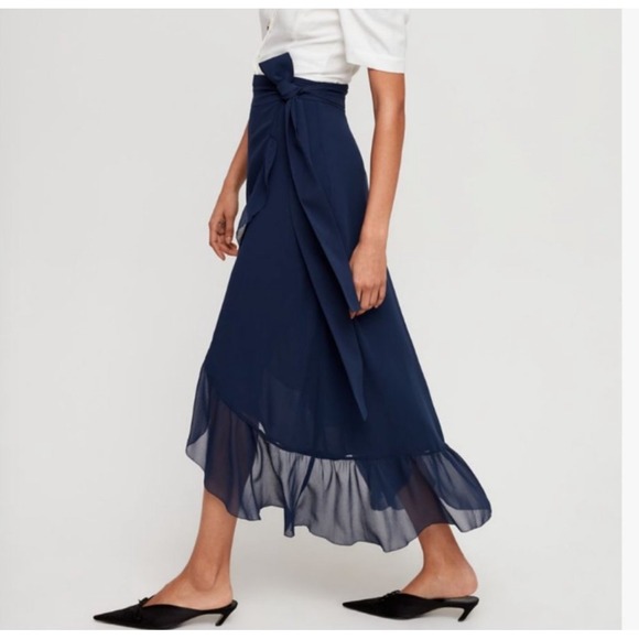 Aritzia Wilfred Free Classic Navy Wrap Skirt Blue Ruffle Trim Maxi XXS - Picture 1 of 11